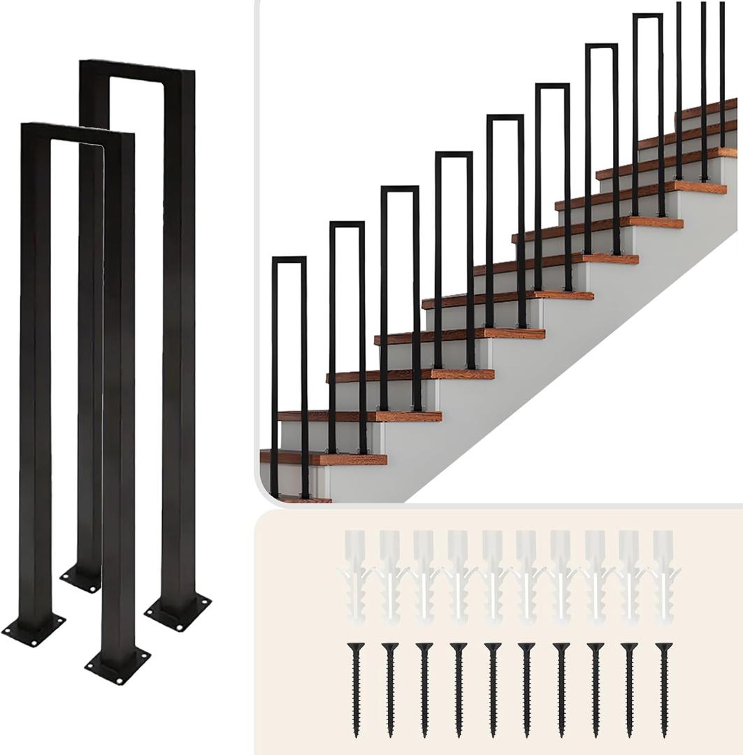 4Pcs U-Shaped Stair Handrail, Matte Black Hand Rail for Indoor Steps, Wrought Iron Outdoor Stair Railing for Porches, Decks, Lofts, 35.4in (4Pcs, Black)