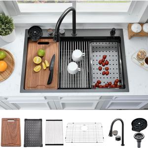 33x22 Black Waterfall Drop In Kitchen Sink with Fuacet Combo, 33" W x 22" D x 10" H