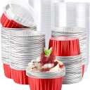 EUSOAR Mini Cake Pans with Lids, 200pcs 5oz Disposable Foil Cups with Lids for Creme Brulee Flan Cheesecake Dessert, Mini Aluminum Baking Mold Container for Wedding Party Single Serving Holiday (Red)