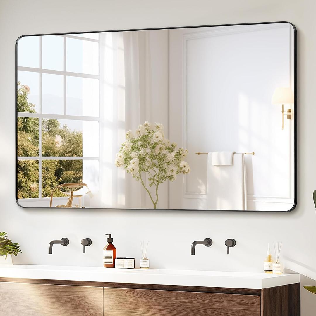 Delma Black Framed Bathroom Vanity Mirror for Over Sink, 50x30 Inch High-Definition Wall Mirror with Horizontal/Vertical Hanging, Durable Rust-Resistant Bathroom Mirror for Modern Decor (Black)