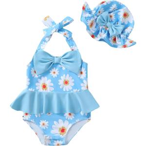 Kucnuzki Baby Girl Swimsuit Newborn One Piece Bathing Suit Bow Tie Bikini Tankini Infant Swimwear with Hat (Blue, S)