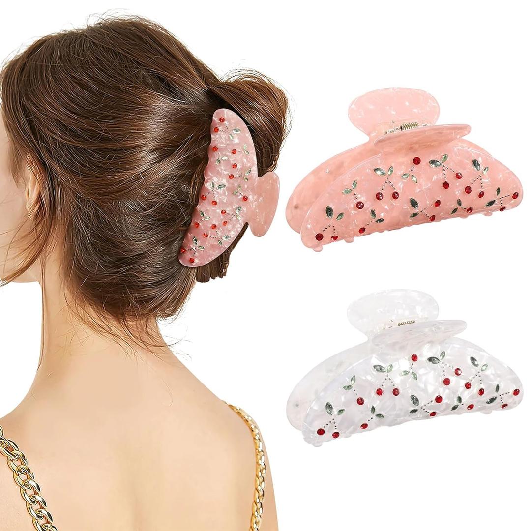 HAIMEIKANG 2 PCs Acrylic Bow Hair Claw Clips for Women - Cute Banana Non-Slip Strong Hold Barrettes Y2K Hair Clips for Thick Thin Hair (Cherry)