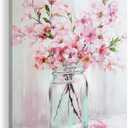 Azartslr Pink Flower Canvas Wall Art, Farmhouse Rustic Floral Art Prints For Living Room, Vintage Bathroom Botancial Painting Poster, Plants Picture Kitchen Bedroom Decoration, 24"L x 16"W