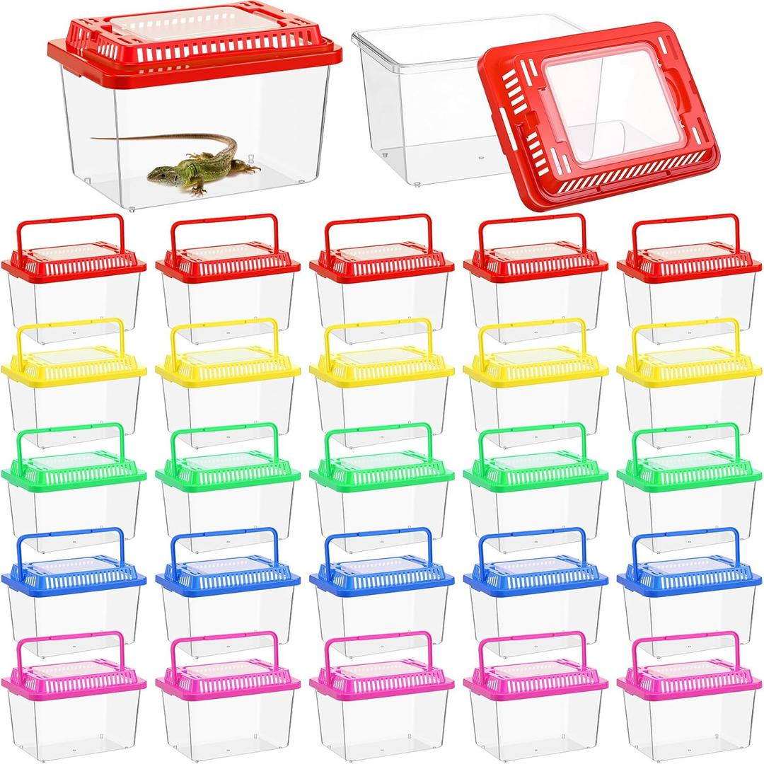 LemonRoad 25 Pcs Plastic Reptile Terrariums Carrier Cage Enclosure Snake Breeding Box Hatching Container Fish Tank with Ventilated Lid for Tarantula Spider Turtle Hermit Crab Lizard (5.1x3.5x3.5 Inch)