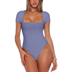 REORIA Womens Sexy Square Neck Double Lined Shirt Stretchy Basic Short Sleeve Going Out Thong Bodysuit Tops (Small, Blue Nova)