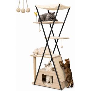 71" Modern Wood Cat Tree for Large Cats - Heavy Duty Tall Cat Tower for Indoor Cats, Multi-Level Cat Furniture with Spacious Condo, Large Perch, Scratching Posts & Hammock(Washed Grey)
