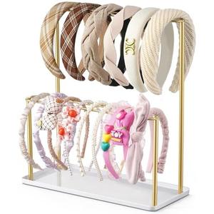 Josmimic Headband Holder Organizer Metal 2-Tier with Tray: Hair Accessories Display Stand Storage Hairband Rack Necklace Stand Home Bedroom for Girls Women, Gold
