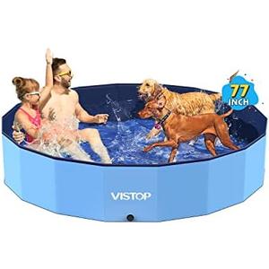 VISTOP Jumbo Foldable Dog Pool, Hard Plastic Shell Portable Swimming Pool for Dogs Cats and Kids Pet Puppy Bathing Tub Collapsible Kiddie Pool (77inch.D x 15.7inch.H, Blue)