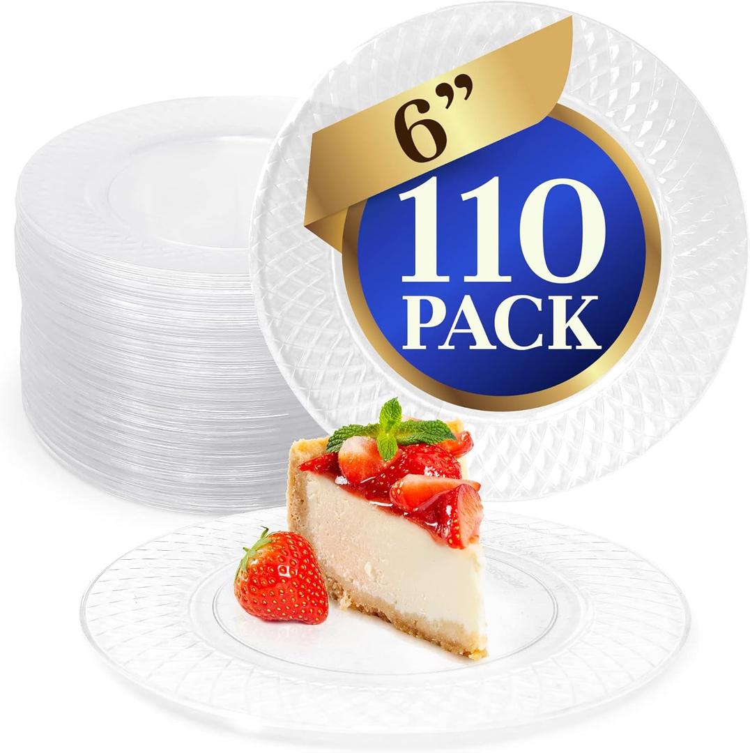 Reli. 110 Pcs Plastic Dessert Plates, Disposable (6 inch, Clear)| Small Plates for Party, Heavy Duty | Hard Plastic Dessert Platter for Cake, Wedding, Birthday, Salad/Appetizer (6")