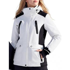 FREE SOLDIER Women's Waterproof Ski Snow Jacket Warm Fleece Lined Winter Rain Jacket with Hood Fully Taped Seams (X-Large, White Black)