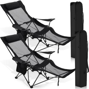 Soaoo 2 Pcs Mesh Camping Chair Portable Folding Portable Mesh Chair with Removable Footrest Headrest Storage Bag Camping Recliner 264lbs Weight Capacity Lounge with Carry Bag for Adult Outdoor(Black)