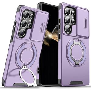 for Samsung Galaxy S25 Ultra Case with Slide Camera Cover and Rotating Kickstand Ring, Slim Magnetic Shockproof Accessories Phone Case for Samsung S25 Ultra (Purple)