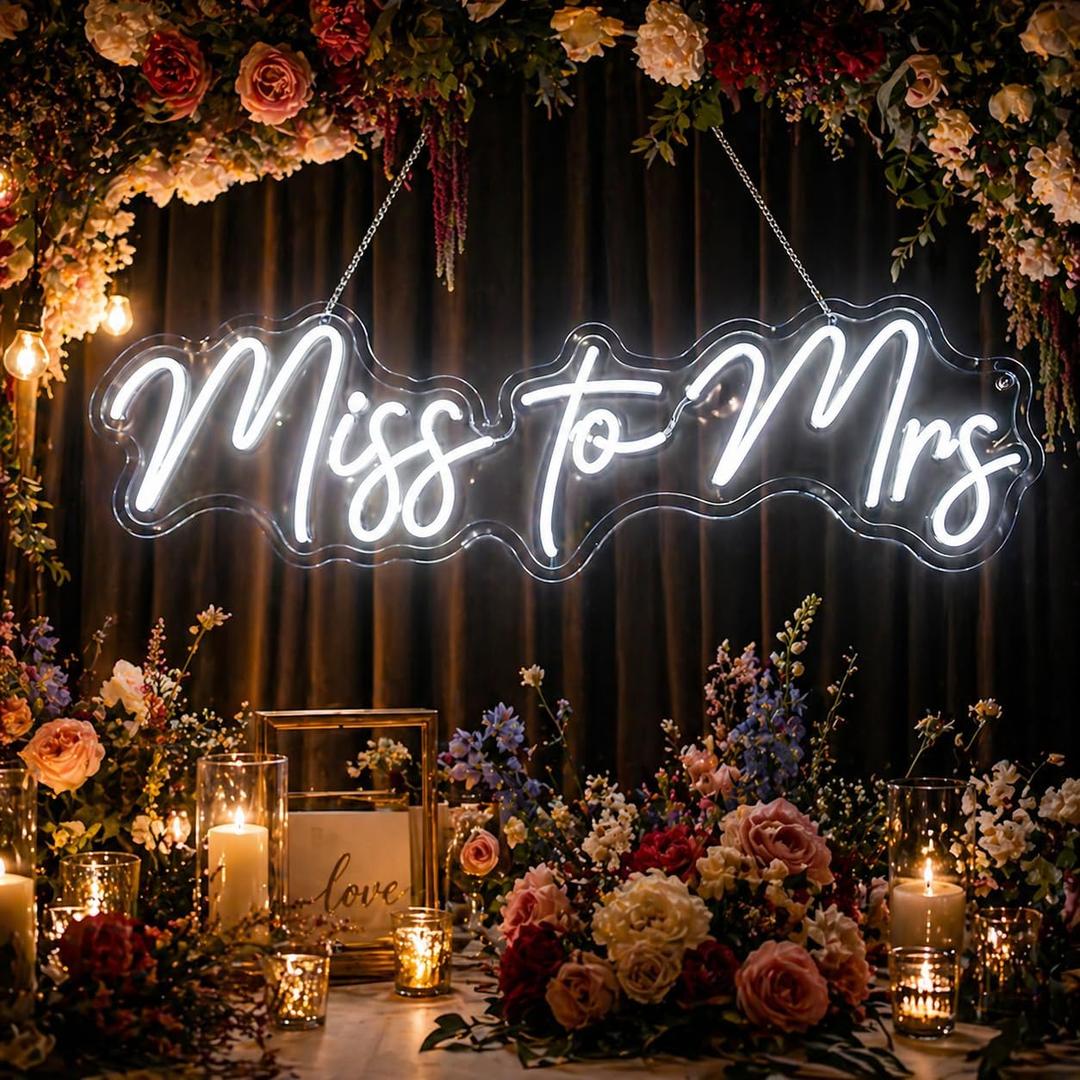 Miss to Mrs Neon Sign for Wedding, 24" x 7" Super Bright 12V LED Sign with Adapter, Bridal Shower Wall Decor, Engagement Party, Bachelorette Party Decorations