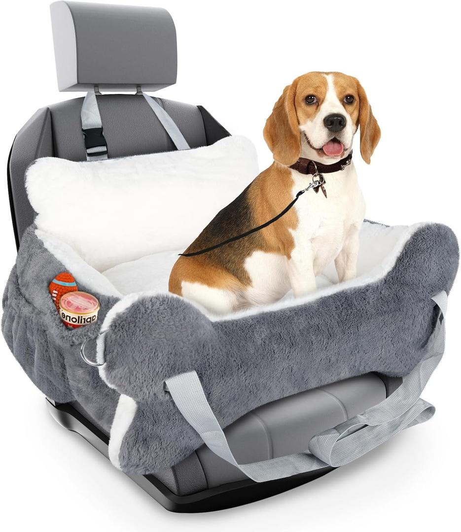 29.5"x19.7"x9.8" Dog Car Seat for Middle Dogs & Cats, Car Seat for Dogs with Plush Cushion, Non-Slip Bottom & Safety Leash, Cat & Dog Bed with Side Pocket for Sedan, SUV and Truck, Washable (Medium, Gray & White)