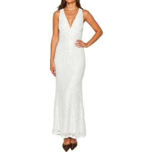 Elegant Lace Floral V Neck Backless Bodycon Dresses for Women Sexy Cut Out Low Back Sleeveless Maxi Dress Wedding Guest, L
