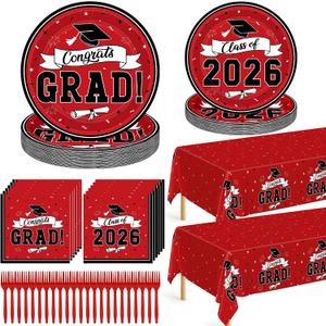 QZYL 122 Pcs Graduation Decorations 2026 Set, Disposable Class of 2026 Graduation Dinnerware, Red Grad Plates and Napkins Forks Tablecloth Congrats Grad Paper Dinnerware Serve 30 Party Decorations
