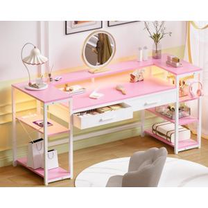 Pamray 58 Inch Computer Desk with Monitor Stand and Shelves Gaming Desk with LED Lights & Power Outlets PC Vanity Table with 2 Drawers for Home Office Pink