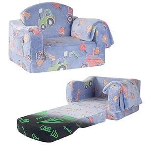 Airpanda Comfy Toddler Chair and Couch for Kids with Blanket, 2-in-1 Soft Plush Fold Out Toddler Couch for Girls and Boys, Convertible Sofa to Lounger for Playroom, Car Excavator