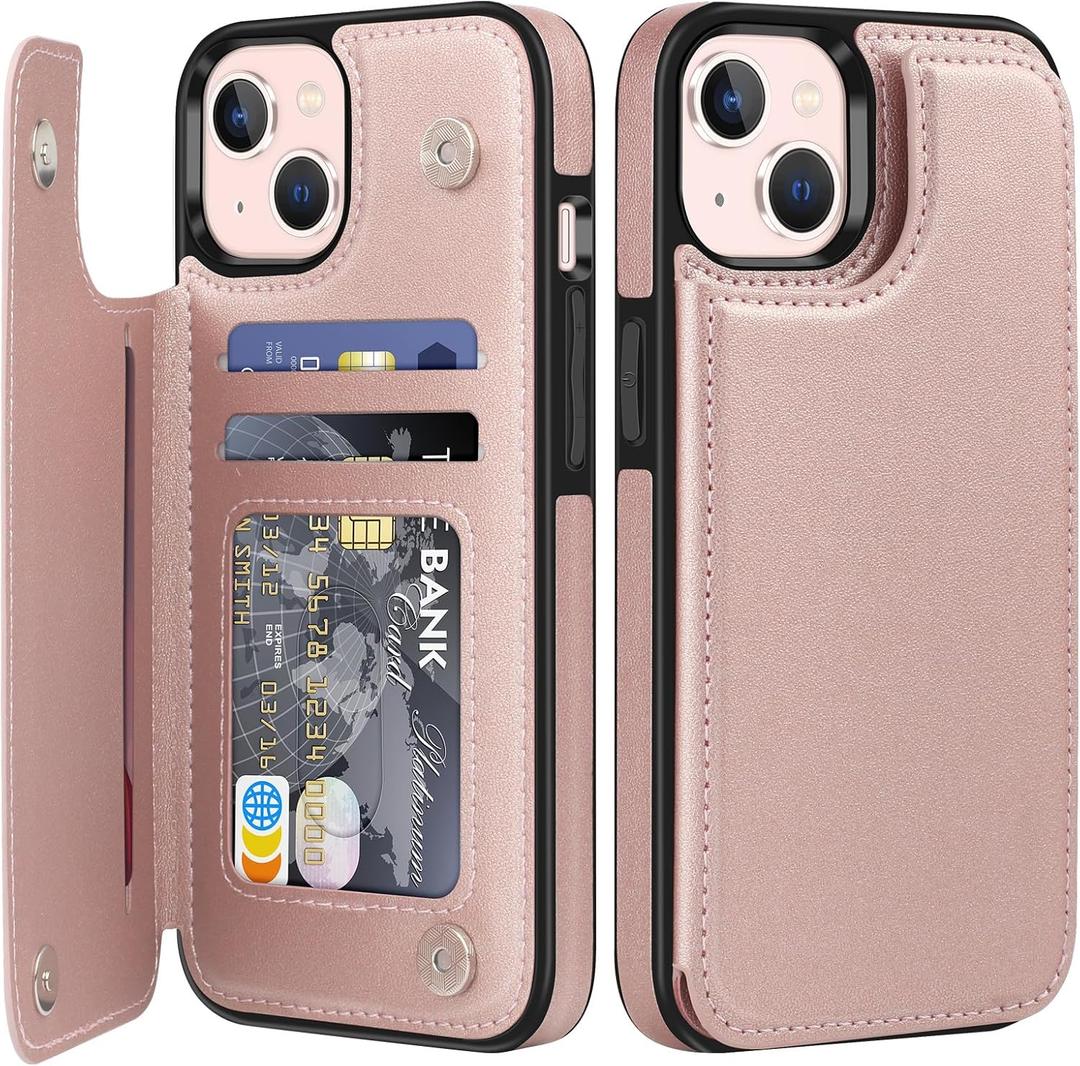 Bizzib iPhone 13/14 Case, Leather Wallet with Card Holder, Flip Cover, Kickstand, Heavy Duty Protective Case, Rose Gold