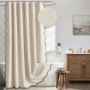 MIULEE Beige Scalloped Shower Curtain Linen Textured with 12 Metal Hooks Cute Heavy Duty Washable Waterproof Neutral Thick Cloth Shower Curtains with Black Border for Bathroom Hotel Bathtub,W72*L72