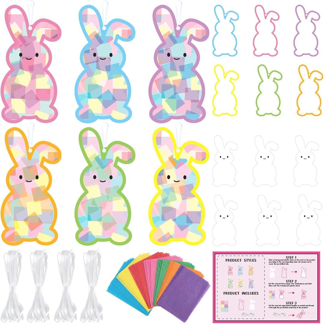 Funrous 48 Set Easter Crafts Bulk-DIY Bunny Suncatchers Craft Kit, Tissue Paper Rabbit Shaped Cards Stickers Easter Ornaments Hanging Decoration for Spring Home Classroom Activities Party Decor Supply