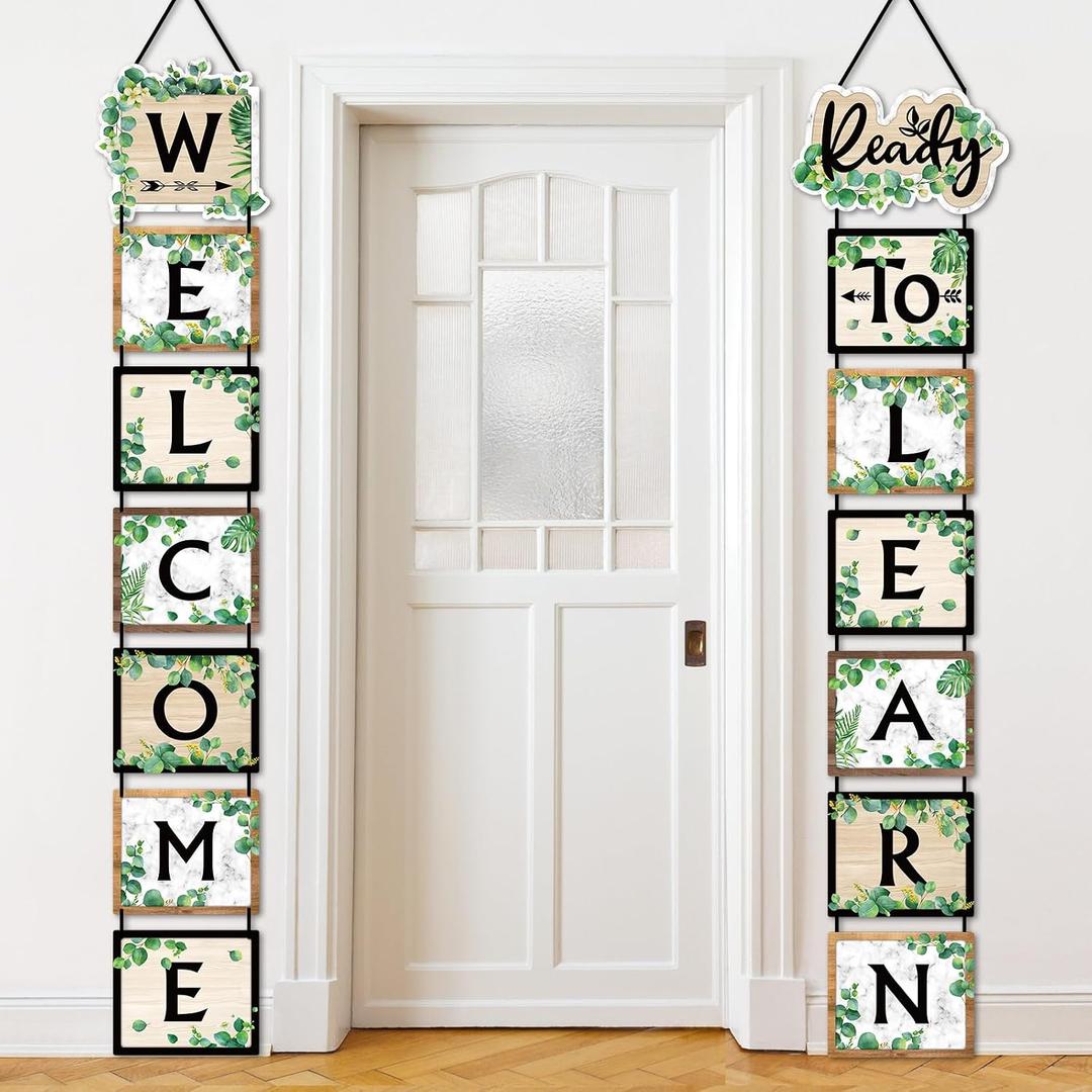 2 x Blulu Eucalyptus Welcome Back to School Banner, 14 Pcs Ready to Learn Classroom Door Decorations, First Day of School Bulletin Board Signs for Teachers, Kindergarten Elementary