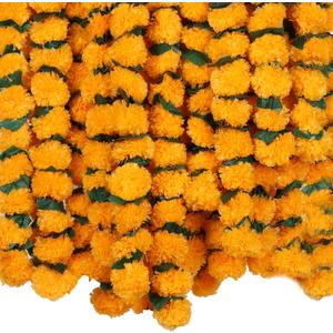 Marubhumi 5 PC 5 Feet Long Strands Artificial Marigold Flowers with Gulchadi Garland for Diwali Decor, Garland for Decoration, Diwali Decorations for Home, Christmas Decor Wedding Decor (Mango)