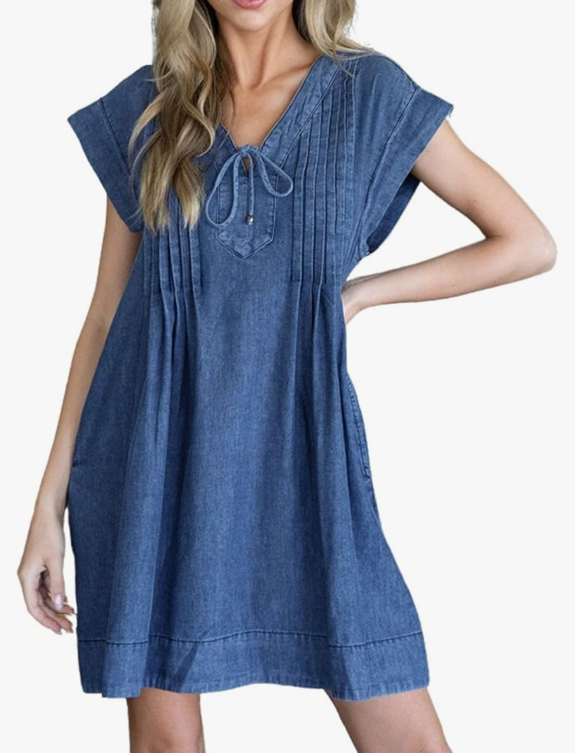 Denim Dress for Women Tie Front V Neck Cap Sleeves Cute Swing A Line Pleated Mini Jean Dress, M, Dark Blue