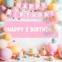 3 x 1st Birthday Decorations GirlPlastic Backdrop - 65" x 19.7" 1st Birthday Banner in Pink, Large First Birthday Decorations for Girl, Photography & Baby Party Supplies