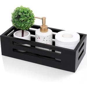 Black Decor Box Bathroom Toilet Tank Basket Topper,Wooden Toilet Tank Paper Basket with Handles for Organizing,Black Bathroom Decor Box for Toilet Paper Storage