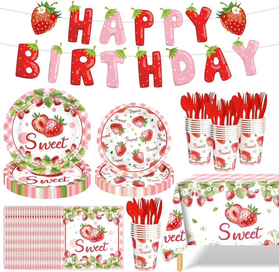 142 Pcs Strawberry Birthday Decorations Berry First Birthday Decorations Strawberry Themed Plates Cups and Napkins Sets Serves 20