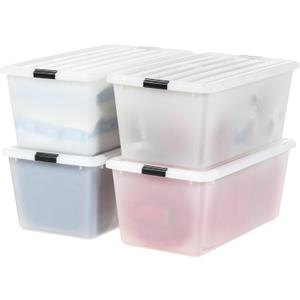 IRIS USA 91 Qt Stackable Plastic Storage Bins with Lids, 4 Pack - BPA-Free, Discreet Organizing Solution, Latches, Durable Nestable Containers, Secure Pull Handle, Made in USA - Pearl
