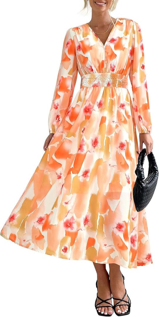 PRETTYGARDEN Women's Floral Midi Dress Casual Fall V Neck Long Sleeve Flowy Spring Beach Wedding Guest Vacation Dresses (Pink, L)