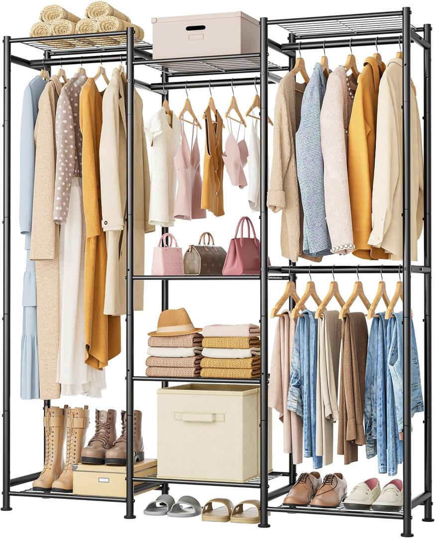 HOMIDEC Wardrobe Closet, 4 Hanging Spaces Portable Clothes Rack,Free Standing Closet Organizer and Storage System with Hanging Rods,Clothing Rack Suitable for Cloakroom,Bedroom,Entrances,etc.Black (Large)