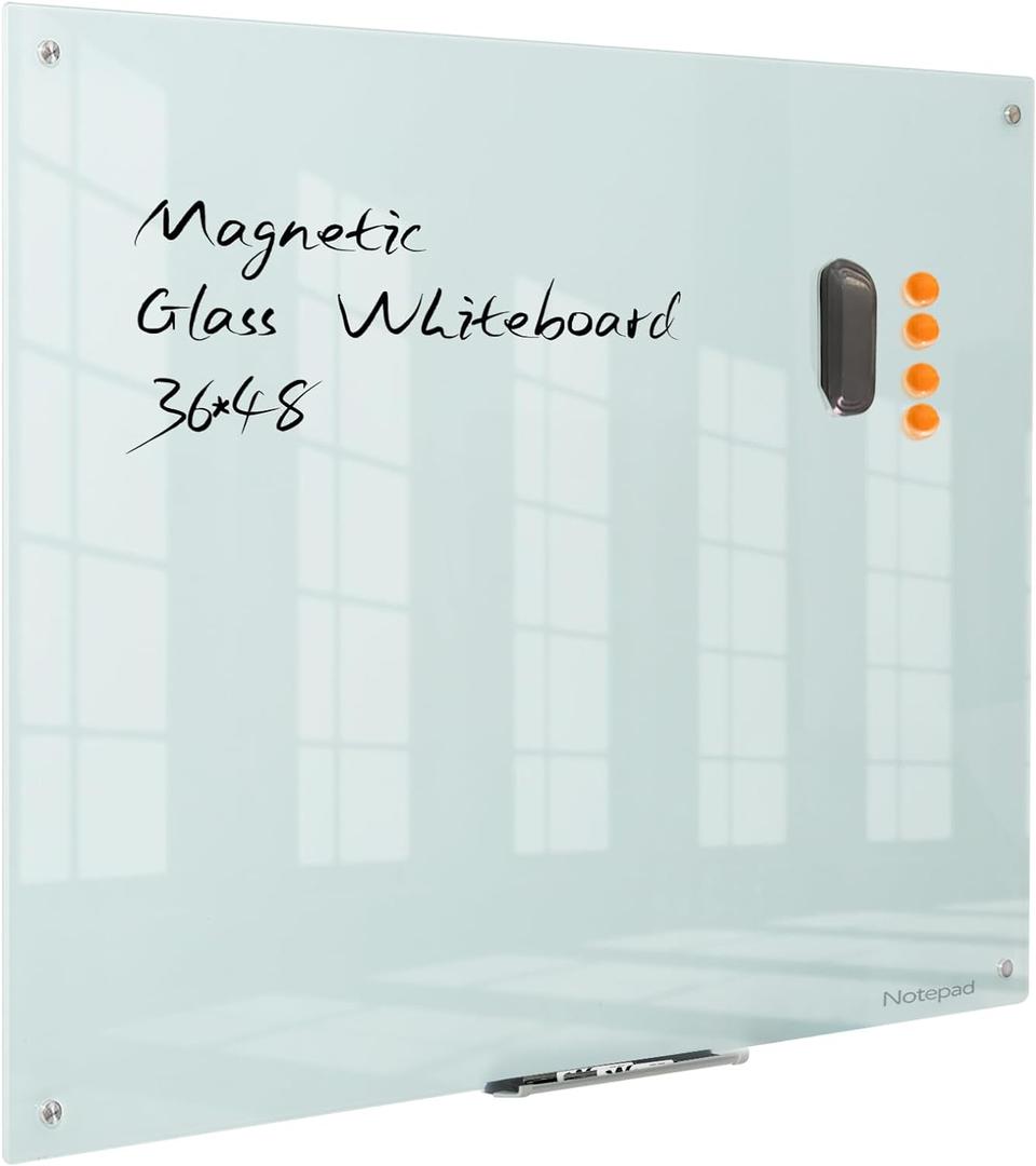 Magnetic Glass Dry Erase Board - White Board 48 x 36 Inches Wall Mounted Glass Whiteboard, Large Frameless Glass White Board for Wall Office, Home & School, White