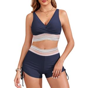 Century Star Women's Two Piece Swimsuit with Boy Shorts High Waisted Bikini Sets Sporty Swimming Suits Bathing Suit (Medium, Navy)