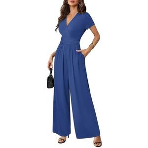LOOKBOHO Women Dressy Casual Jumpsuits Elegant High Waist Side Ruched Romper Summer Short Sleeves Wide Leg Pants M