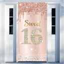 Sweet 16 Birthday Door Banner Backdrop Decorations for Girls, Pink Rose Gold Happy 16th Birthday Party Door Cover Sign Supplies, Sixteen Year Old Birthday Poster Photo Booth Props Decor