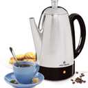 West Bend Electric Percolator Classic Style Coffee Maker with Heat Resistant Handle Base and Detachable Cord with Stainless Steel Stem and Basket, 12-Cup, Silver