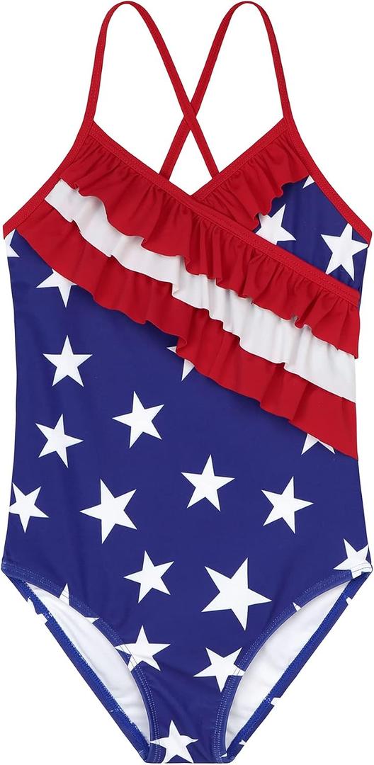 Zando Girls' One Piece Swimsuit, Size 6, C American Flag Red Ruffles, UPF 50+, Quick Dry, Slim Form