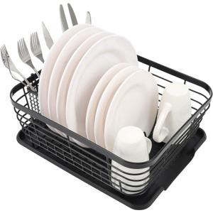 TQVAI Kitchen Dish Drainer Rack with Drying Board and Full-Mesh Silverware Utensils Holder, Black