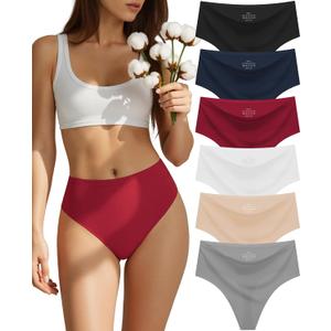 sosusu Seamless Underwear for Women Cotton Thongs High Waisted Soft Breathable No Show Panties Invisible Stretch 5 Pack (M)