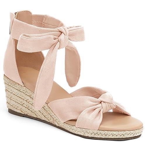 LAICIGO Womens Espadrilles Wedge Sandals Back Zipper Closure Open Toe Platform Ankle Strap Summer Dress Shoes with Bow Decoration 7