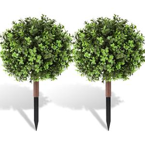 2 Pack Artificial Boxwood Topiary Bush 23.6Inch UV Resistant Artificial Topiary Ballwith Ground Spikes,Indoor Outdoor Potted Plants for Porch, Garden, Front Door Decor (7in)