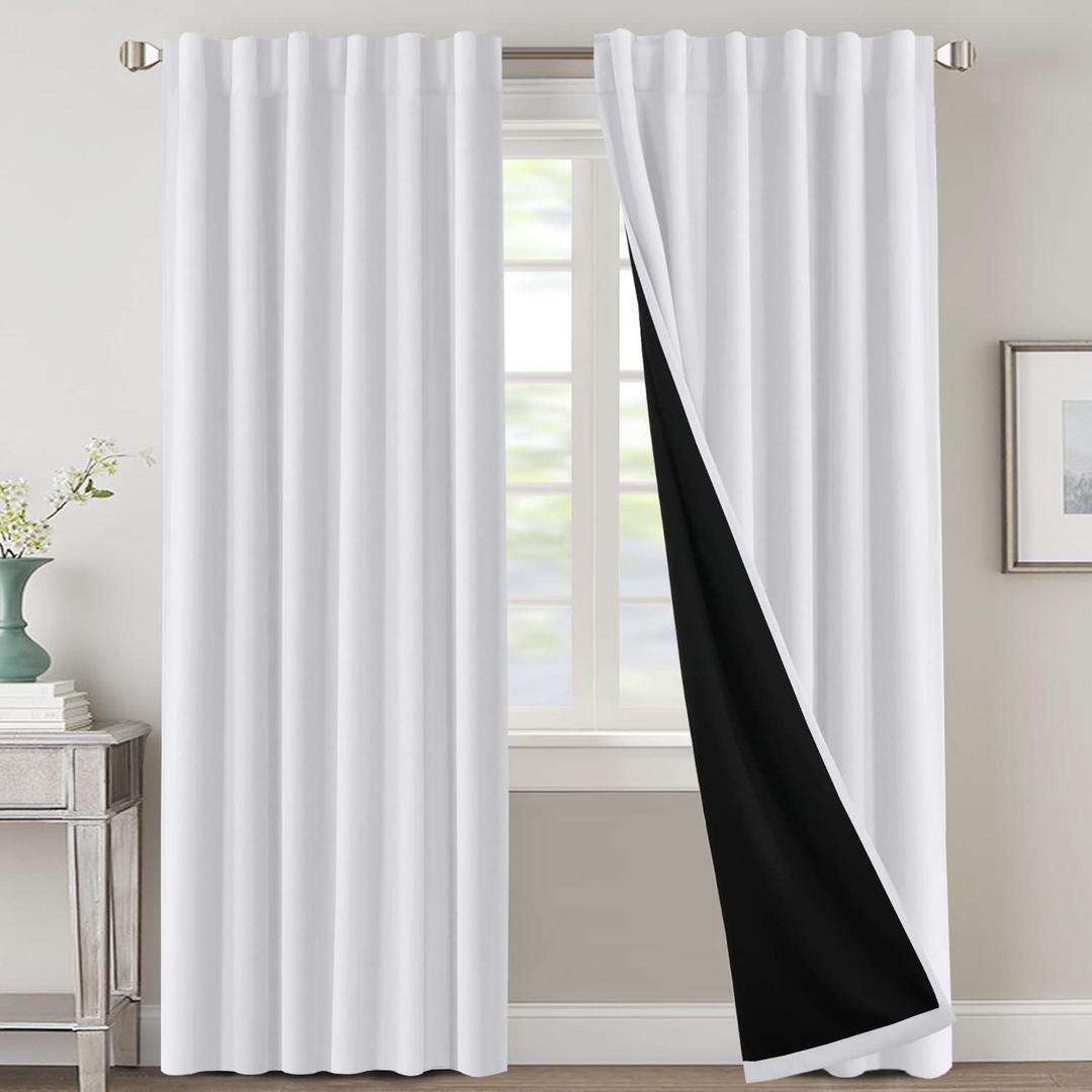 H.VERSAILTEX 100% Blackout Curtains for Bedroom with Black Liner Full Room Darkening Curtains 96 Inches Long Thermal Insulated Back Tab/Rod Pocket Window Drapes for Living Room, 2 Panels, Pure White