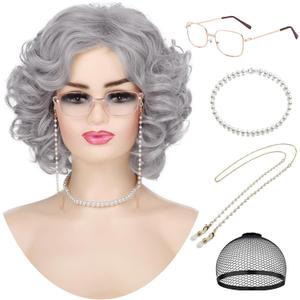 Old Lady Gray Wigs for Women Short Grey Curly Grandma Wig for 100th Days of School Cosplay Costume Halloween Party Synthetic Granny Wigs (5pcs Set)