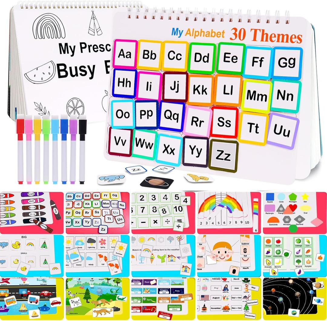 Mallify Busy Book for Toddlers 3-5, Montessori Busy Book with 30 Themes and 8 Markers, Kids Binder and Early Learning Toys, Preschool Busy Books for Toddlers, Tracing Coloring Book, BusyTots
