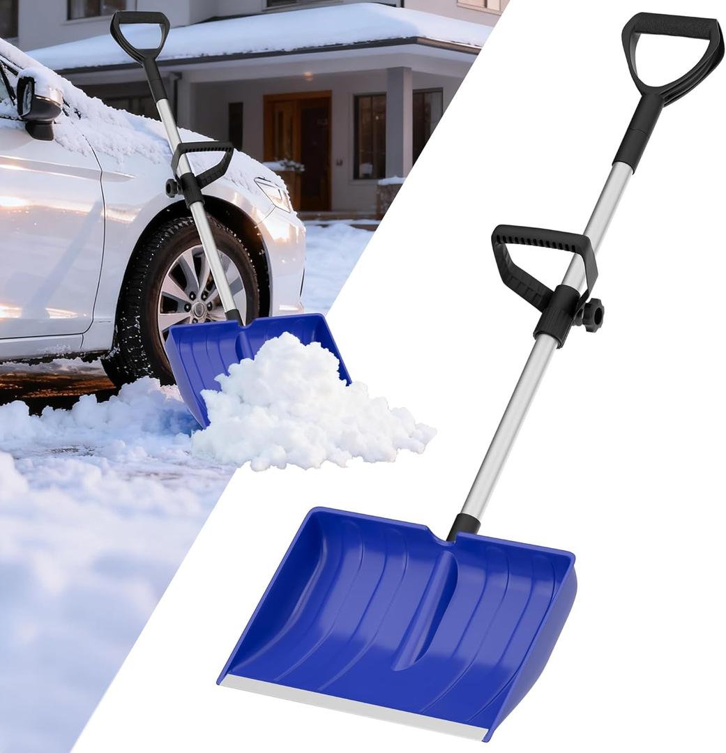 Snow Shovel for Driveway: 48" Ergonomic Dual D-Handles for Less Back Strain - Aluminum Wear Strip Cleaning Shovel - Lightweight and Portable Snow Removal Tool for Car Camping Outdoor (blue)