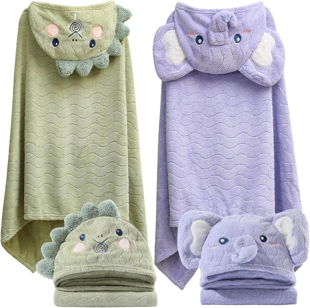 Toddler Hooded Bath Towel 27.5"X55" Unisex Baby Bath Towels Ultra Absorbent Soft Boys Girls Bath Towel 2-Pack Bathrobe Kids Shower Towel Set Gift for Babies, Infant, Newborn Essential (2pack Dinosaur + Elephant)