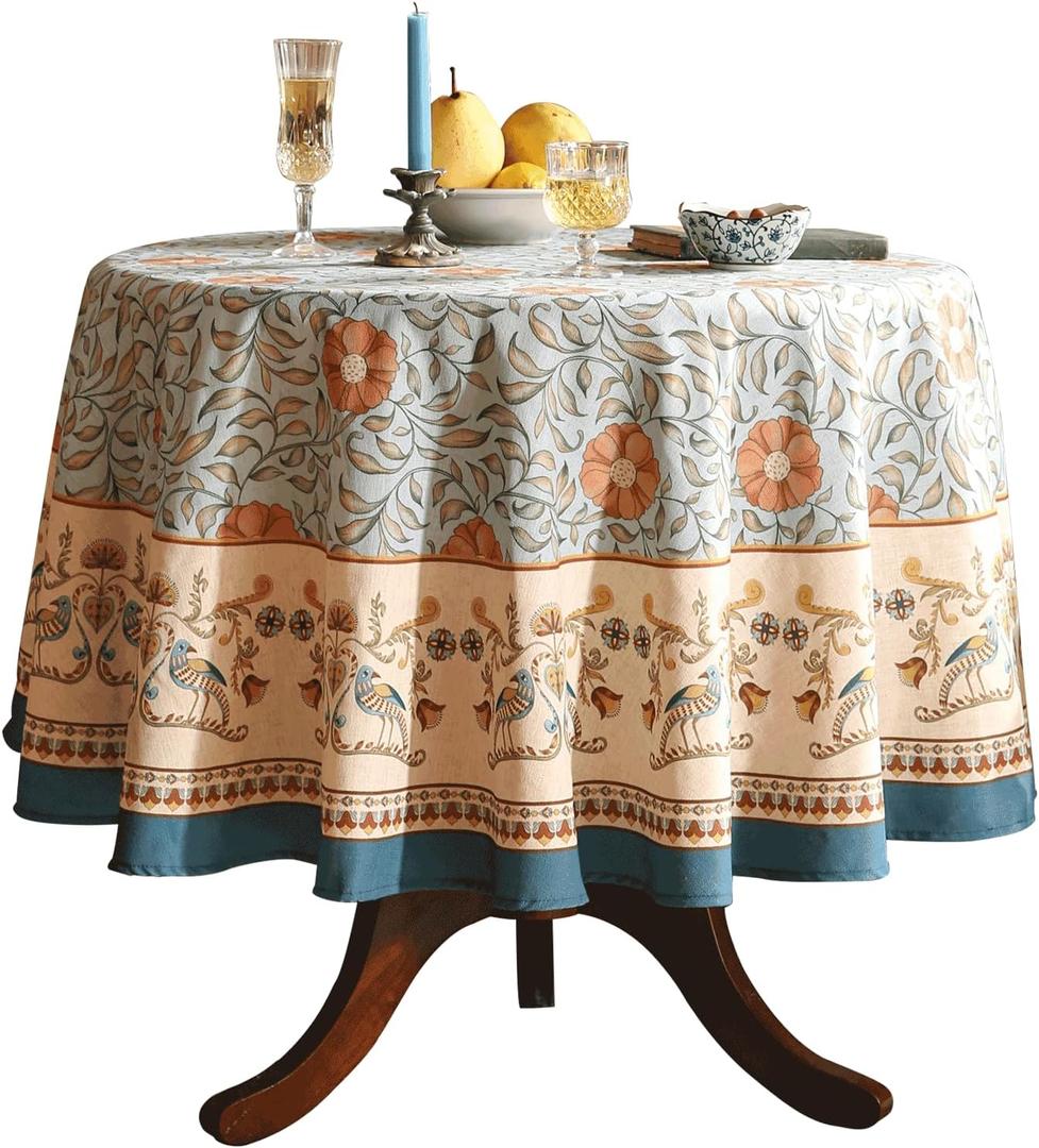 patdrea Designer French Linen Blue Round Table Cloth,Vintage Floral Tablecloth,Colorful Decoration Fall Table Cover Kitchen Dining for Tea Party,Thanksgiving, Christmas,Diameter 67"-Wensel